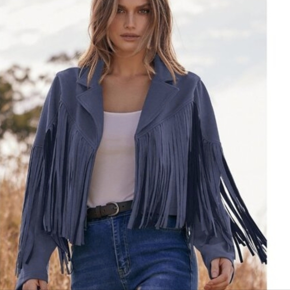 Premier Soft Leather Midnight Blue Fringe Jacket Sz L JUST GORGEOUS!
